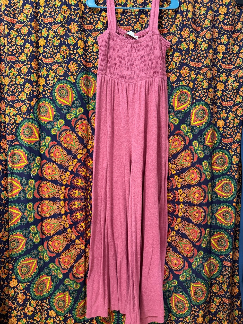 Free People Homecoming Jumper Dark Pink Smocked Wide-Leg Jumpsuit XL